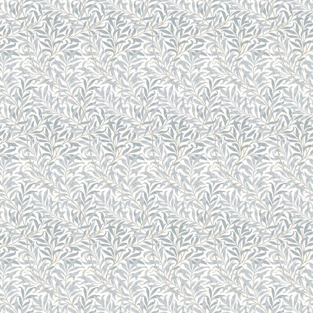 Pale mineral blue-grey leafy vines on an ivory ground, close-up fabric swatch