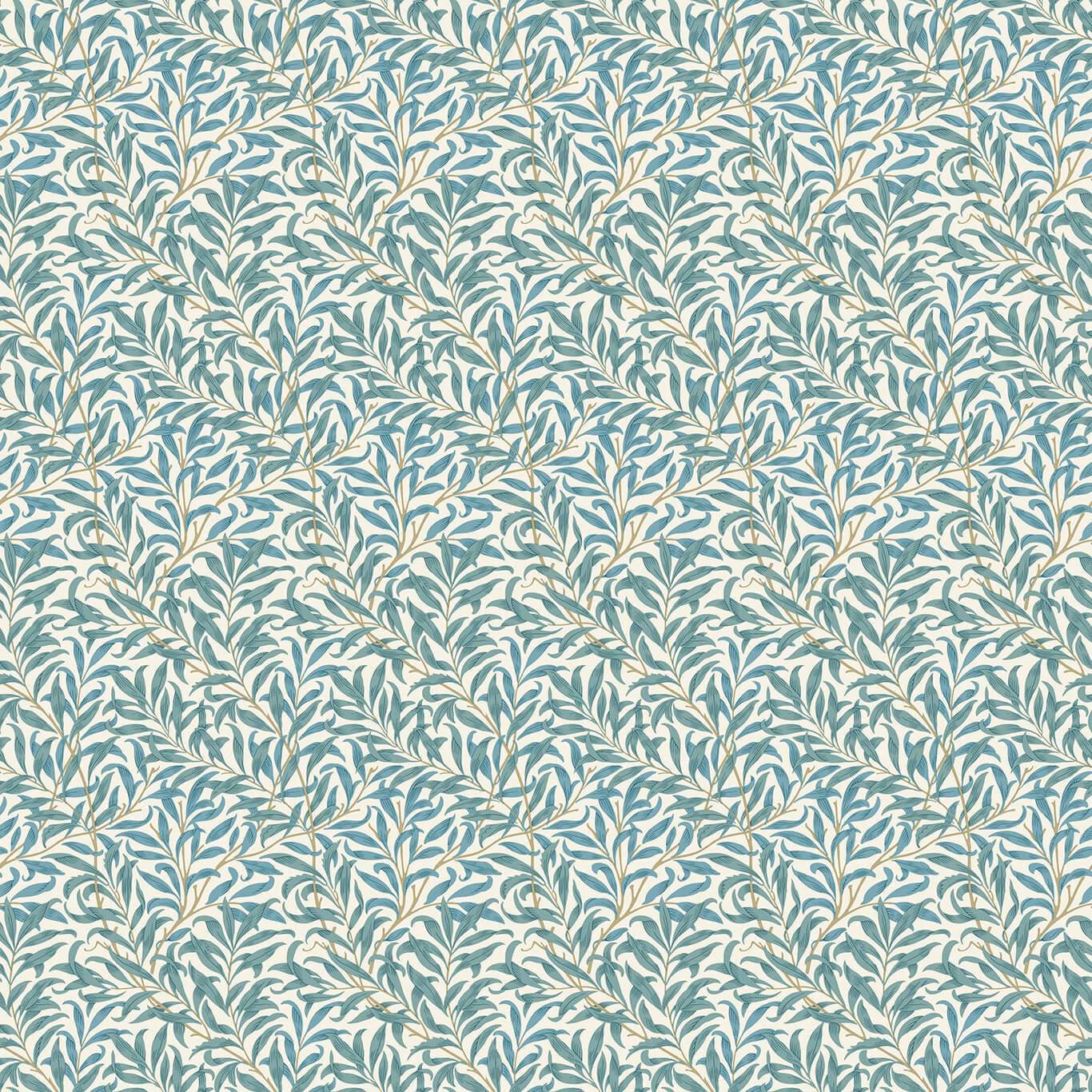 Muted teal willow branches and leaves repeat across a pale ivory fabric ground