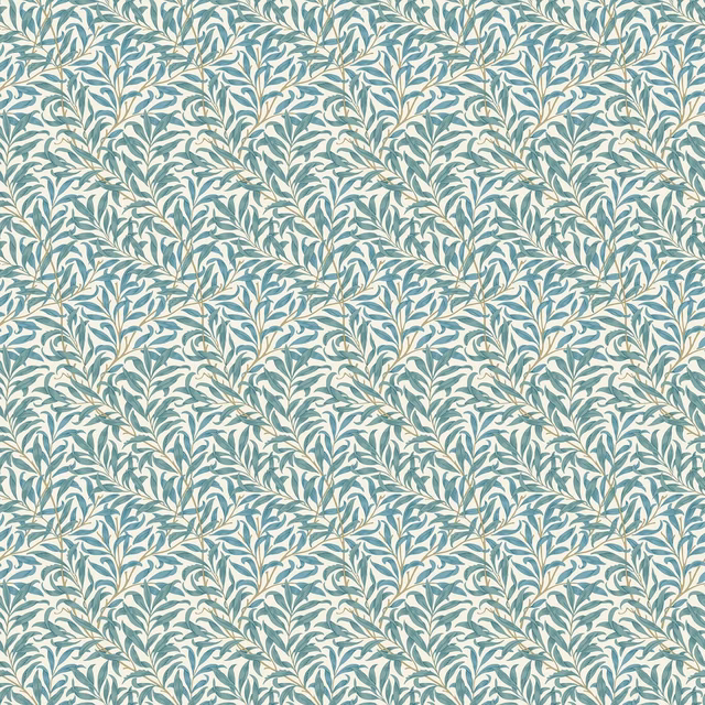 Muted teal willow branches and leaves repeat across a pale ivory fabric ground