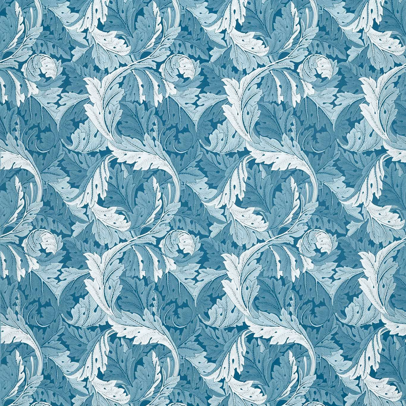 Muted denim-blue jacquard with pale acanthus leaves and scrolling botanical detail