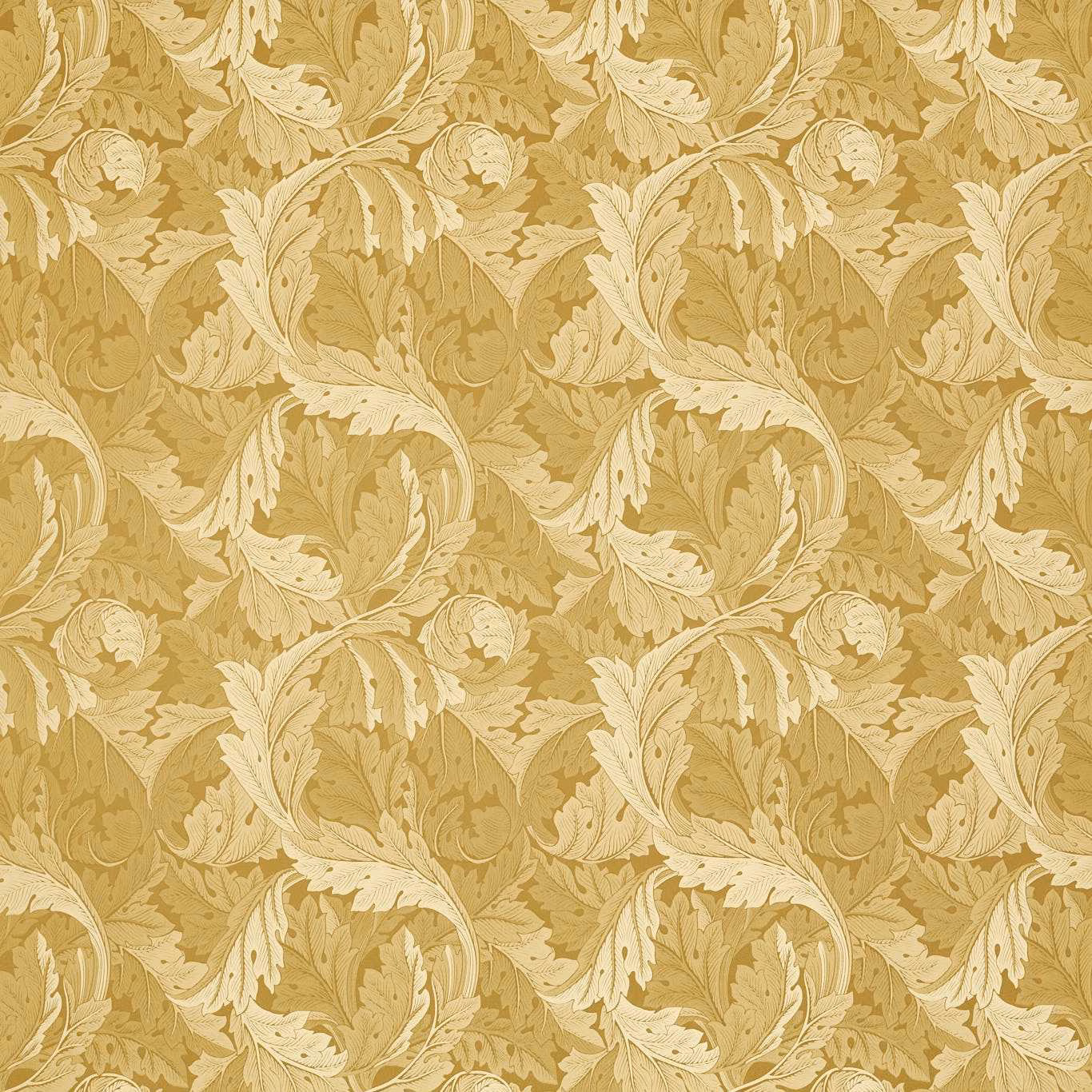 Warm ochre-gold jacquard with scrolling cream acanthus leaves and botanical stems