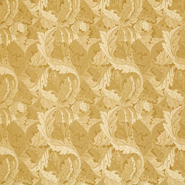 Warm ochre-gold jacquard with scrolling cream acanthus leaves and botanical stems