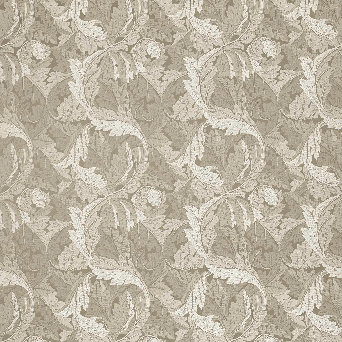 Muted sage-taupe jacquard with pale acanthus leaves and scrolling foliage