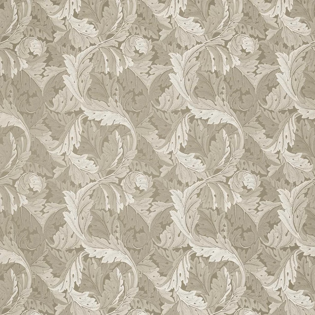 Muted sage-taupe jacquard with pale acanthus leaves and scrolling foliage