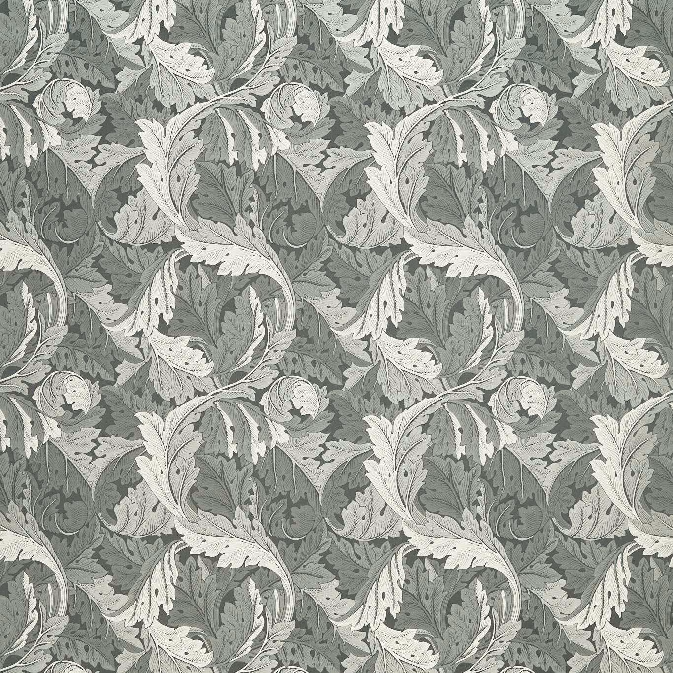 Slate grey-green jacquard with pale acanthus leaves, curling stems and floral motifs
