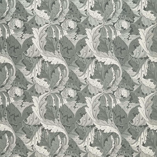 Slate grey-green jacquard with pale acanthus leaves, curling stems and floral motifs
