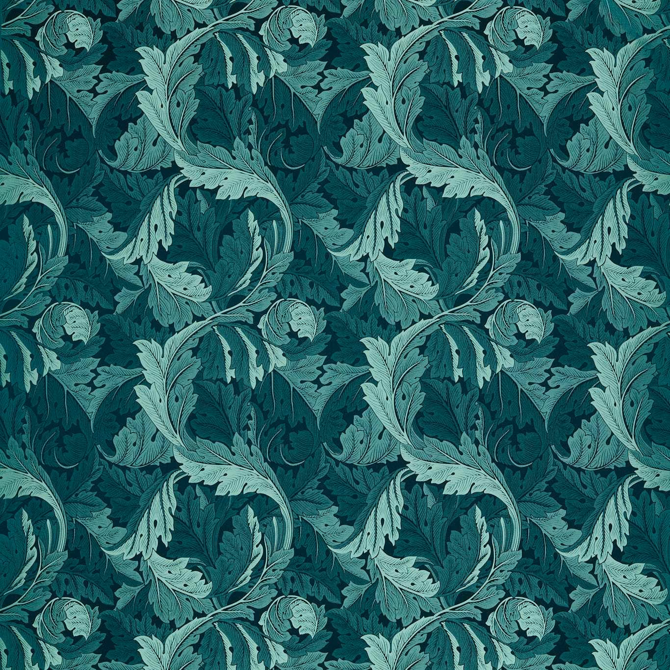 Deep teal jacquard with pale seafoam acanthus leaves and scrolling stems