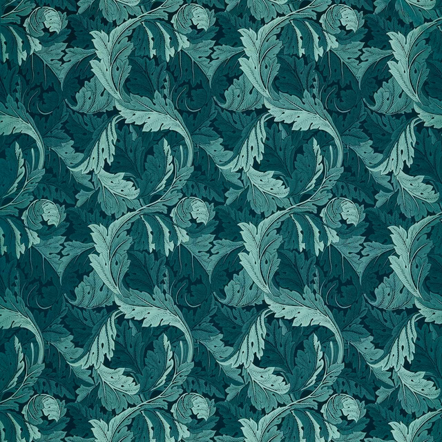 Deep teal jacquard with pale seafoam acanthus leaves and scrolling stems