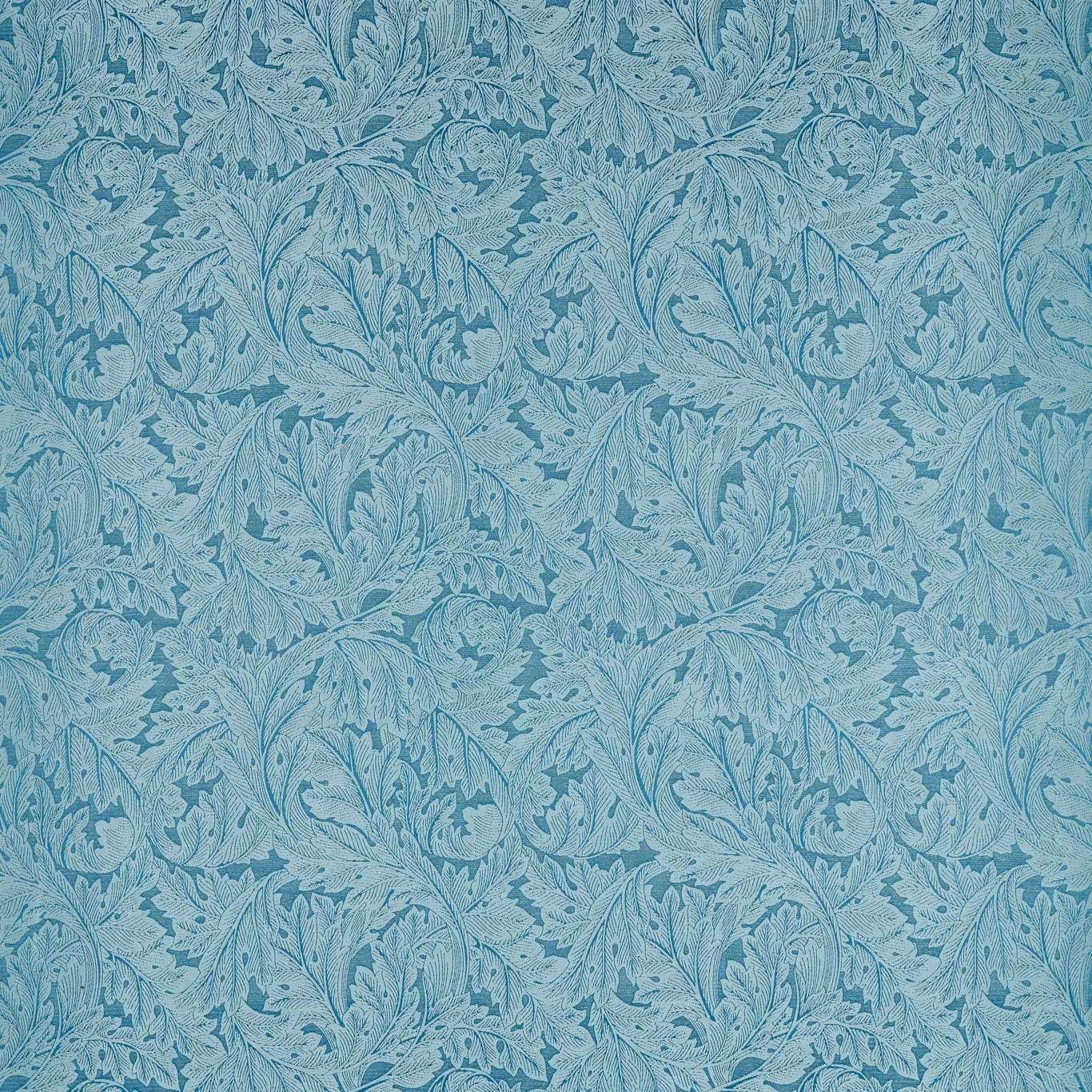 Cool denim-blue woven fabric with pale acanthus leaves and curling botanical stems