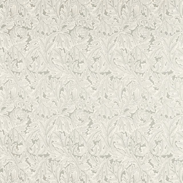 Pale slate grey woven fabric with ivory acanthus leaves and scrolling stems