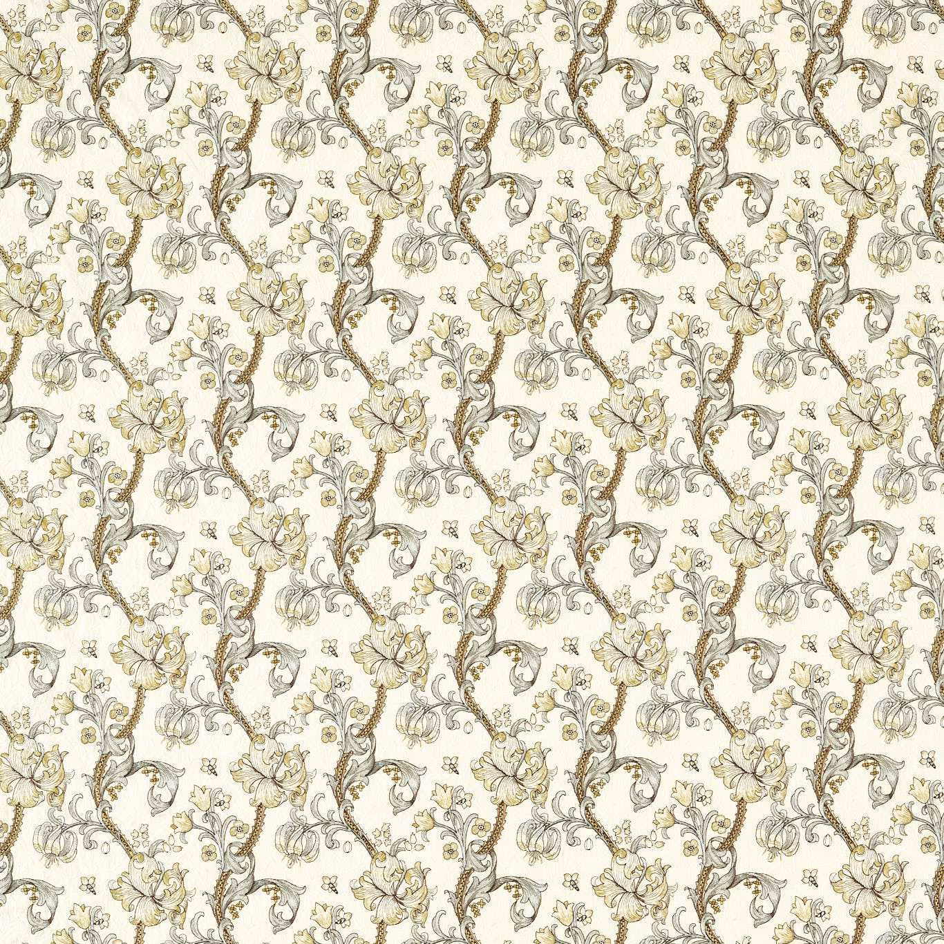 Pale dove floral textile with taupe stems, olive leaves and muted gold lily motifs