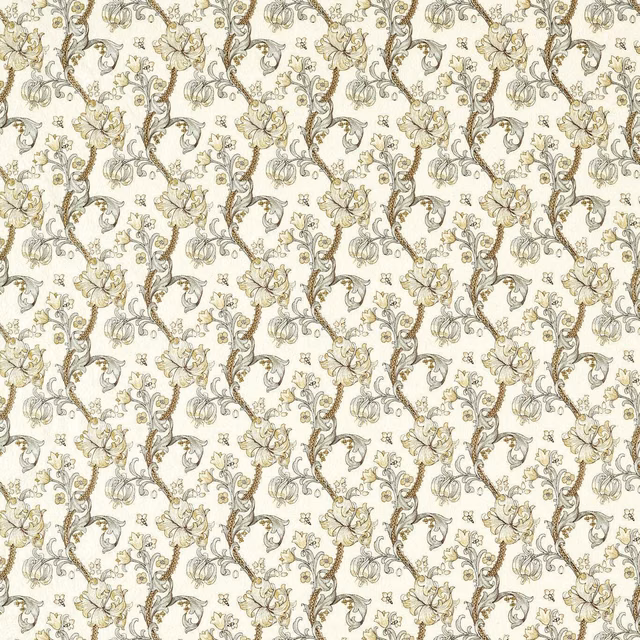 Pale dove floral textile with taupe stems, olive leaves and muted gold lily motifs