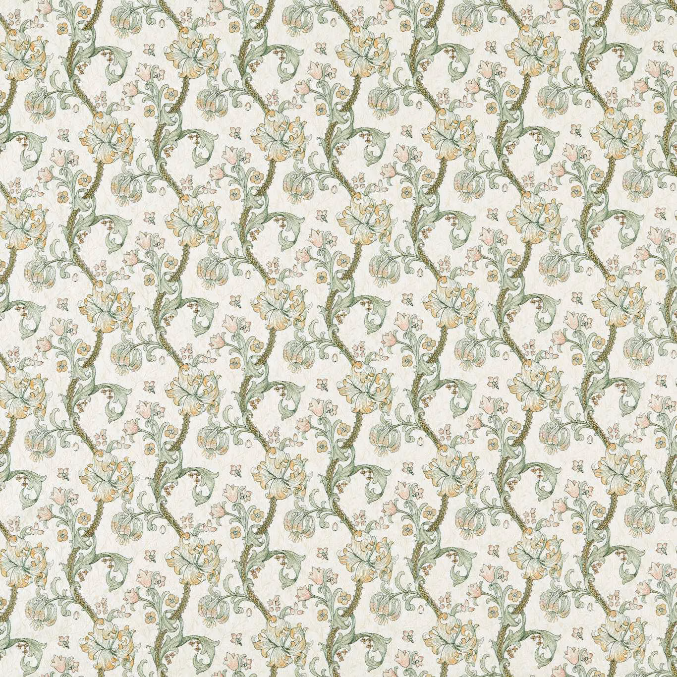 Pale blush and sage lily vines on a warm cream woven ground