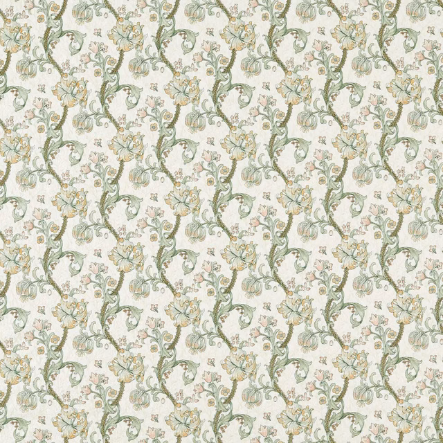 Pale blush and sage lily vines on a warm cream woven ground