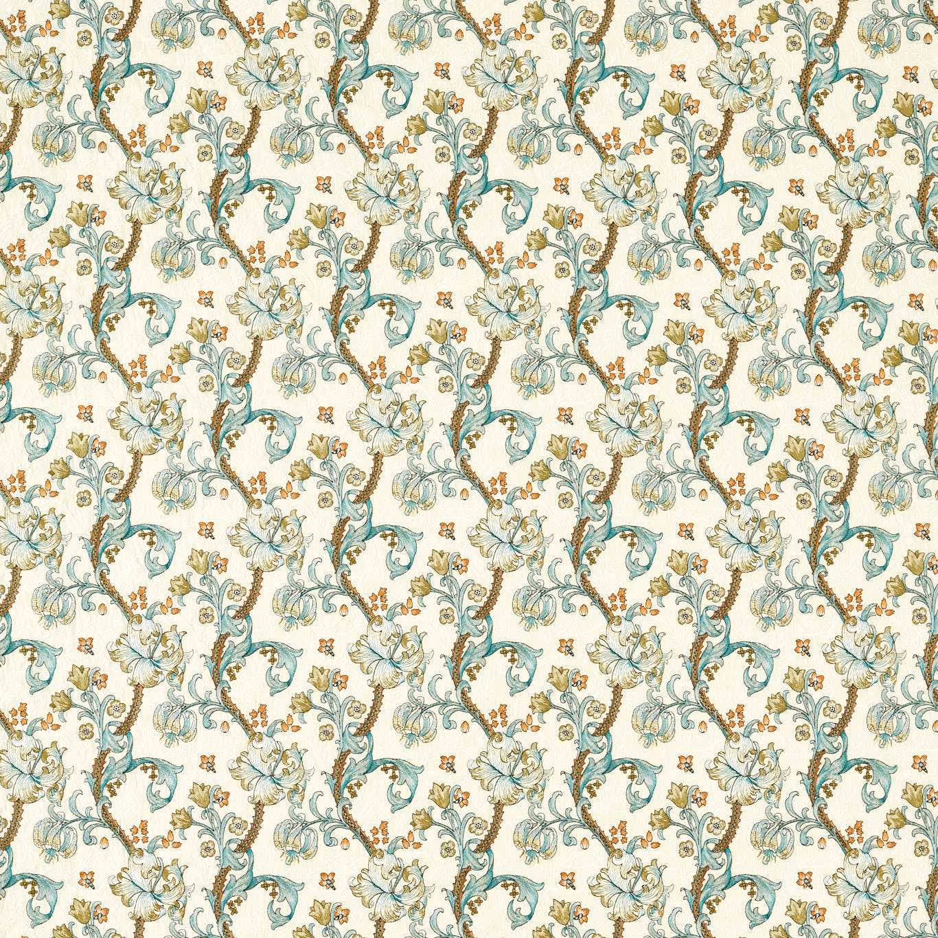 Warm cream textile with repeating muted teal foliage, golden floral accents and scrolling vine motifs