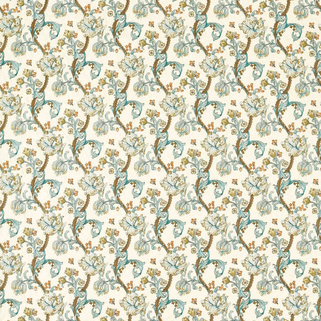 Warm cream textile with repeating muted teal foliage, golden floral accents and scrolling vine motifs