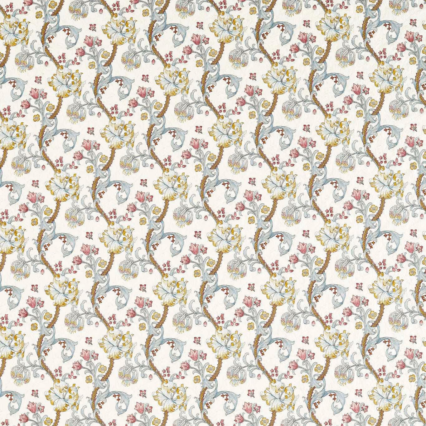 Cream floral embroidery with plum flowers, denim leaves and muted golden curling stems