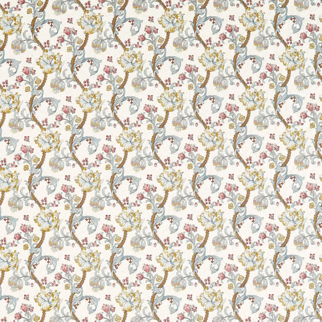 Cream floral embroidery with plum flowers, denim leaves and muted golden curling stems