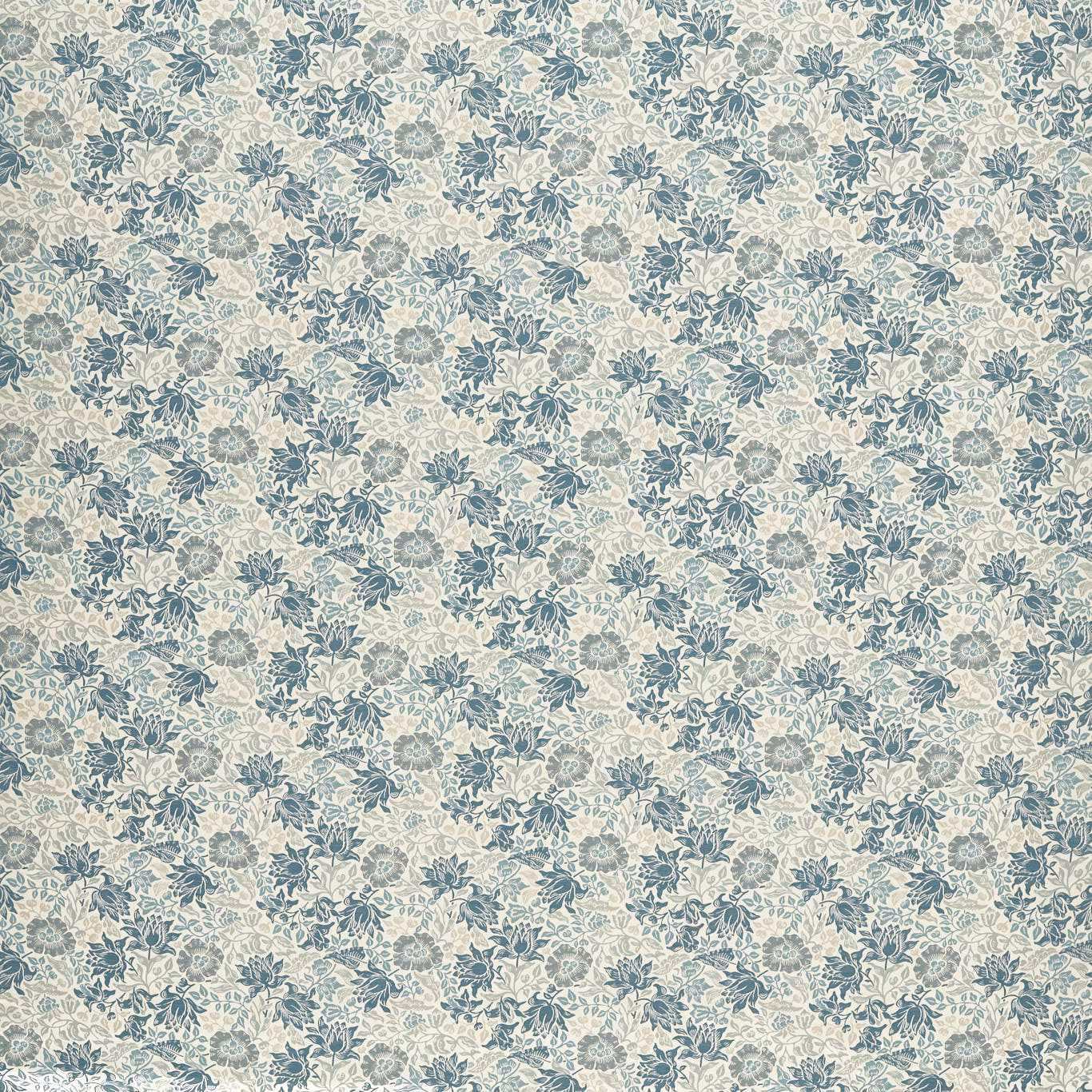 Dense muted blue floral jacquard motifs scattered across a pale cream ground