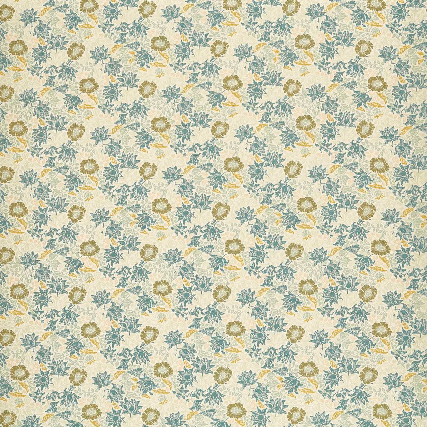 Mineral cream jacquard with sage foliage, chartreuse flowers and a dense woven botanical repeat