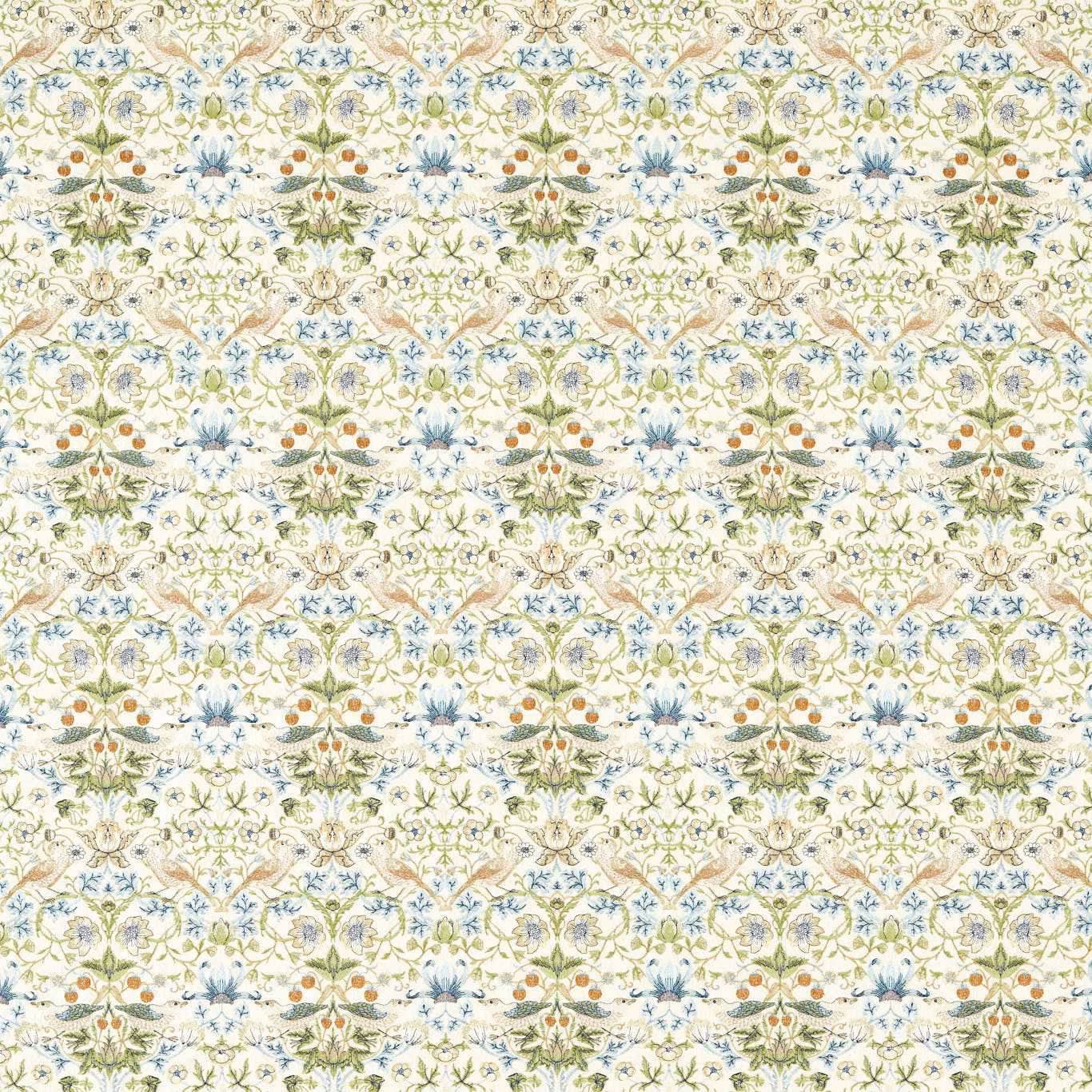 Cream textile with blue flowers, green foliage and russet birds in a repeating pattern