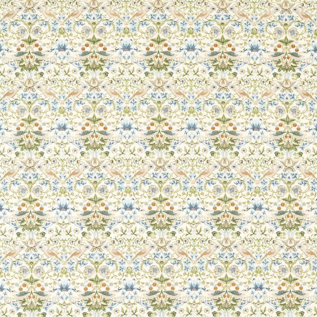 Cream textile with blue flowers, green foliage and russet birds in a repeating pattern