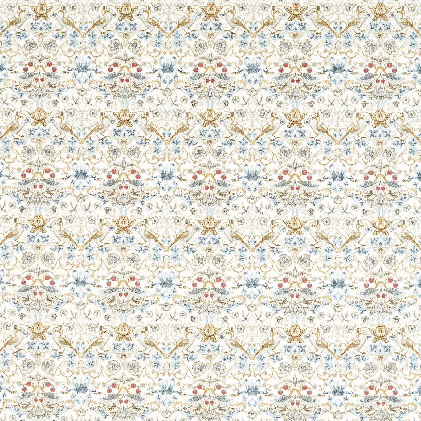 Ivory textile with pale blue flowers, berry-red accents and fine gold botanical embroidery
