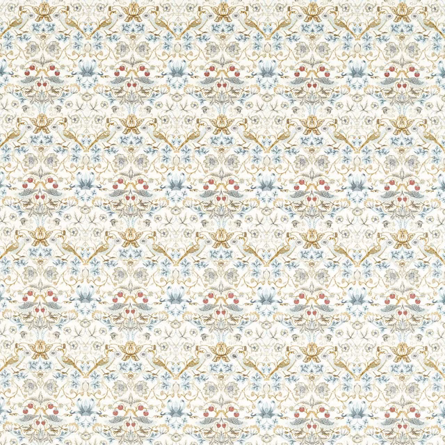 Ivory textile with pale blue flowers, berry-red accents and fine gold botanical embroidery