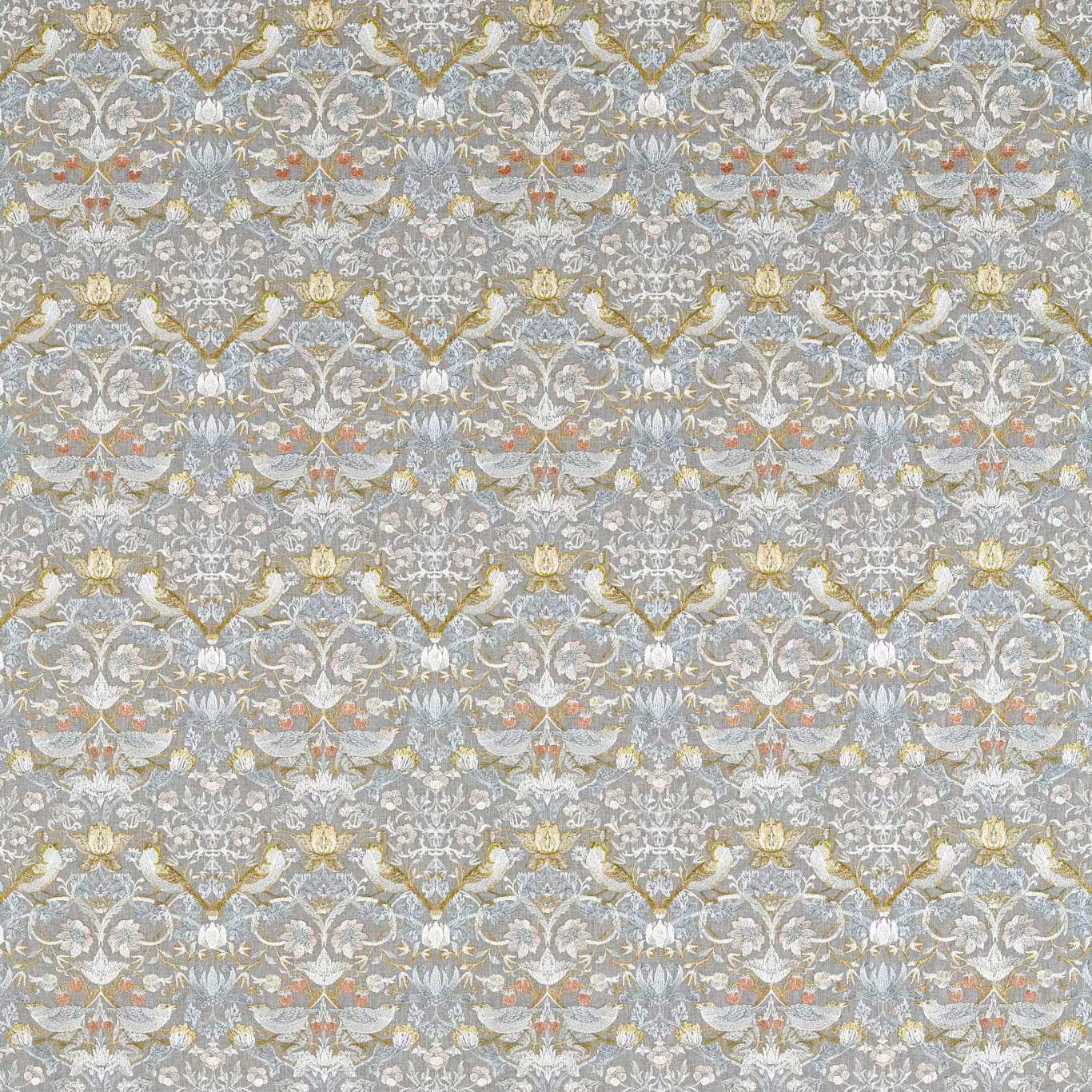 Cool slate-grey Strawberry Thief pattern with blush, cream and muted gold embroidered details