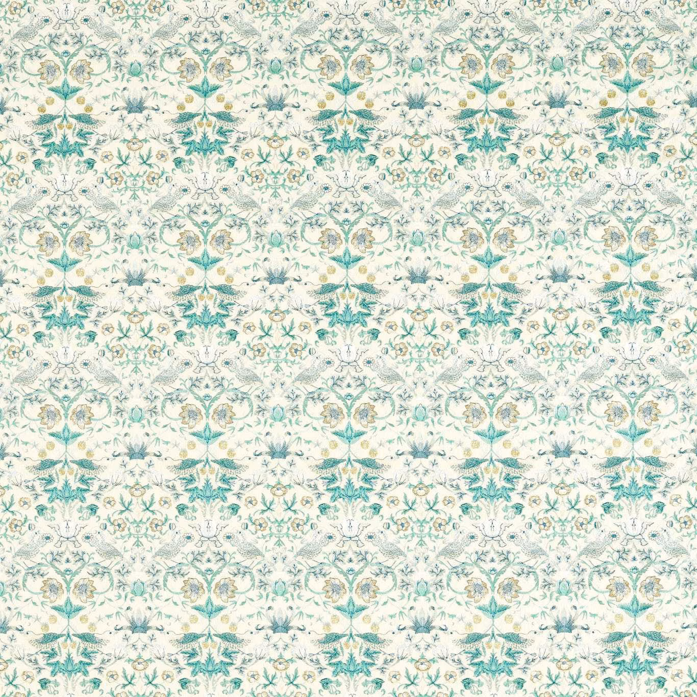 Cream textile with repeating teal birds, leafy florals and softly textured embroidered detail