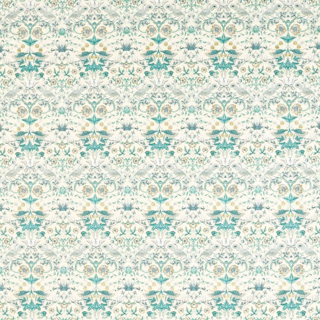 Cream textile with repeating teal birds, leafy florals and softly textured embroidered detail