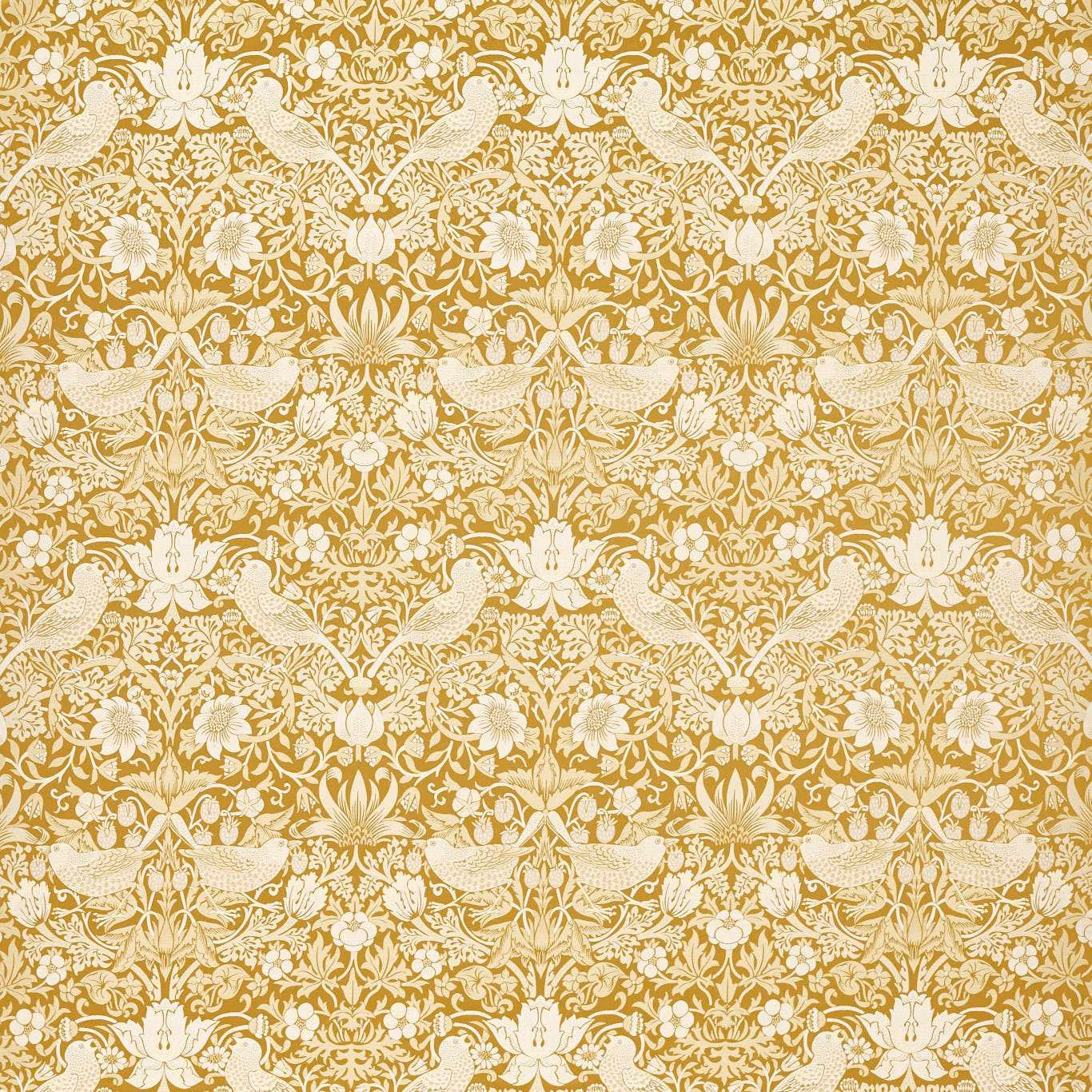 Warm chartreuse jacquard with cream birds, flowers and scrolling foliage