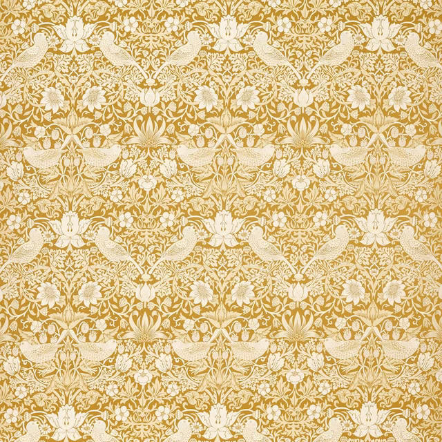 Warm chartreuse jacquard with cream birds, flowers and scrolling foliage