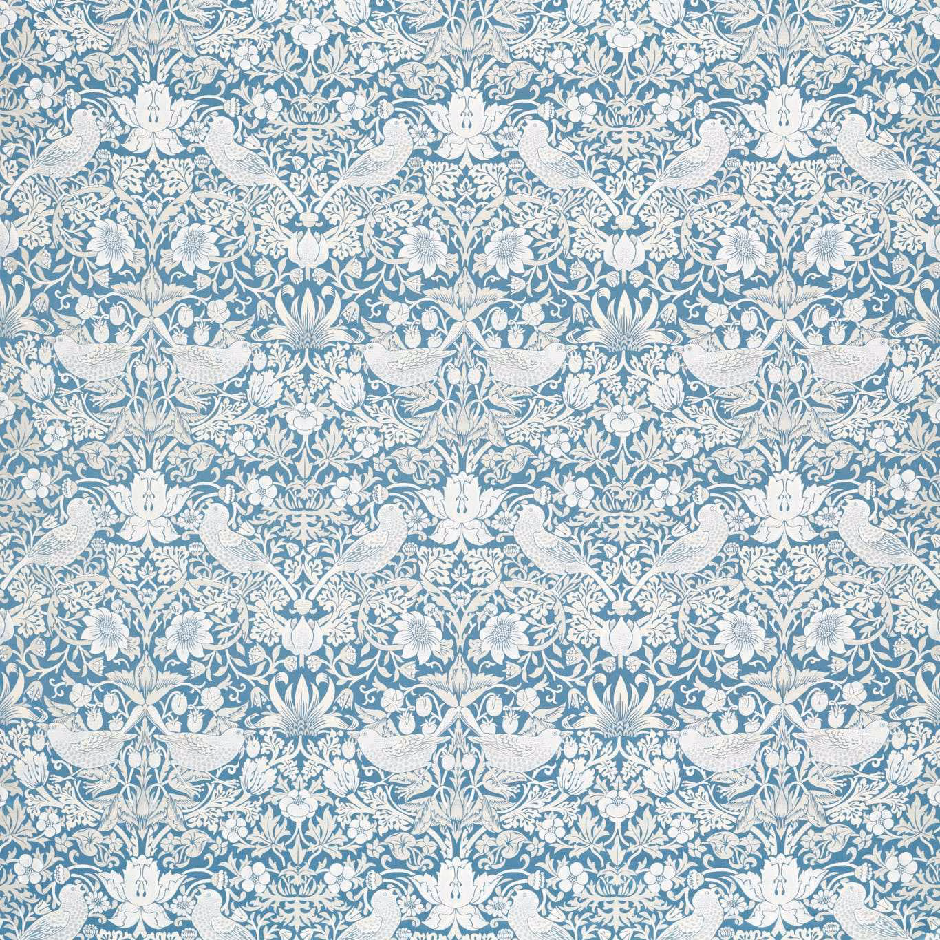 Denim-blue jacquard with cream peacocks, flowers and dense scrolling foliage