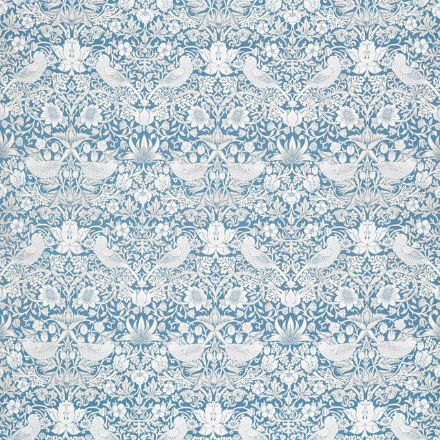 Denim-blue jacquard with cream peacocks, flowers and dense scrolling foliage