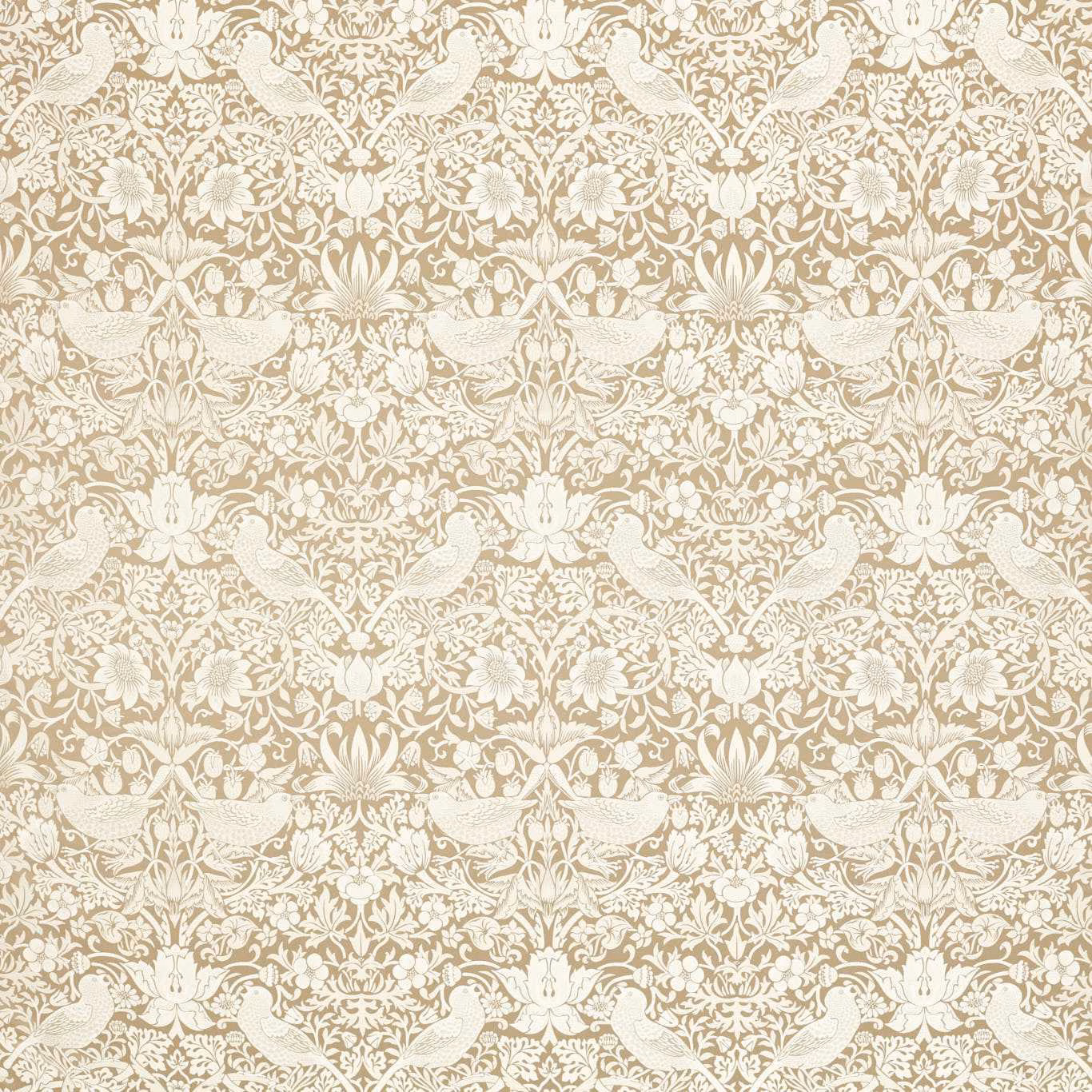 Warm oatmeal-beige jacquard with ivory birds, flowers and dense scrolling foliage