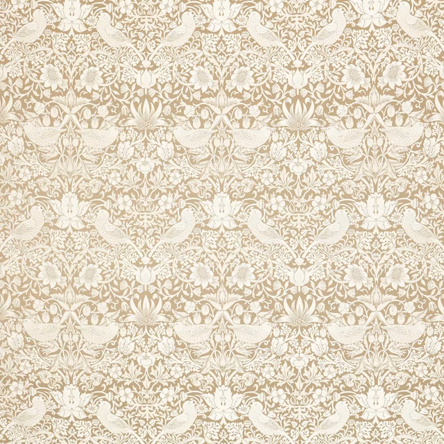 Warm oatmeal-beige jacquard with ivory birds, flowers and dense scrolling foliage