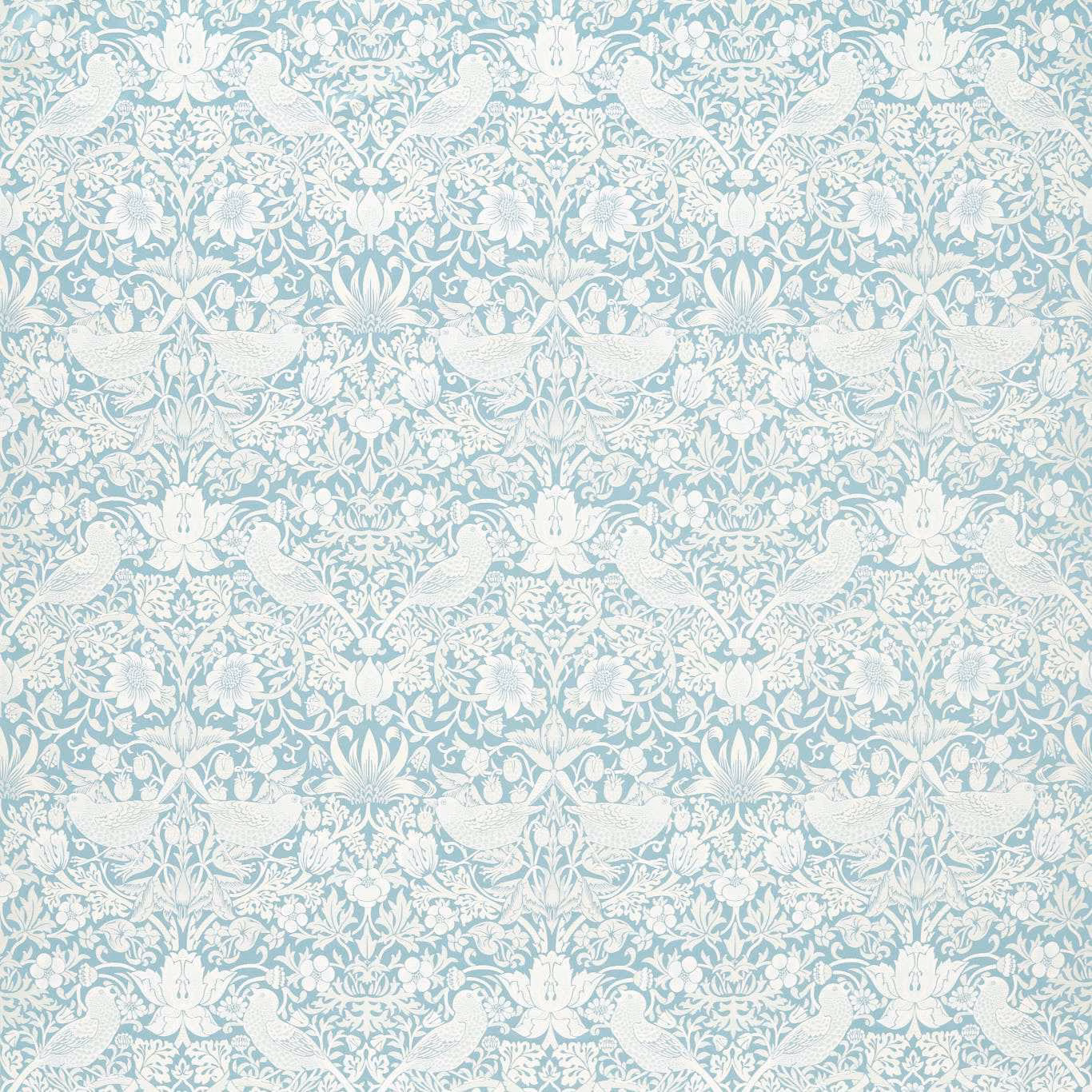 Pale mineral blue jacquard with ivory birds, flowers and scrolling foliage