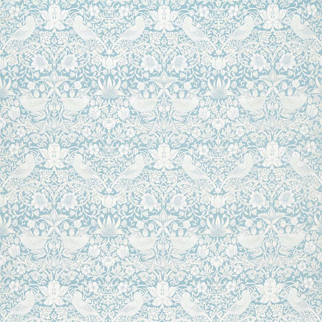Pale mineral blue jacquard with ivory birds, flowers and scrolling foliage