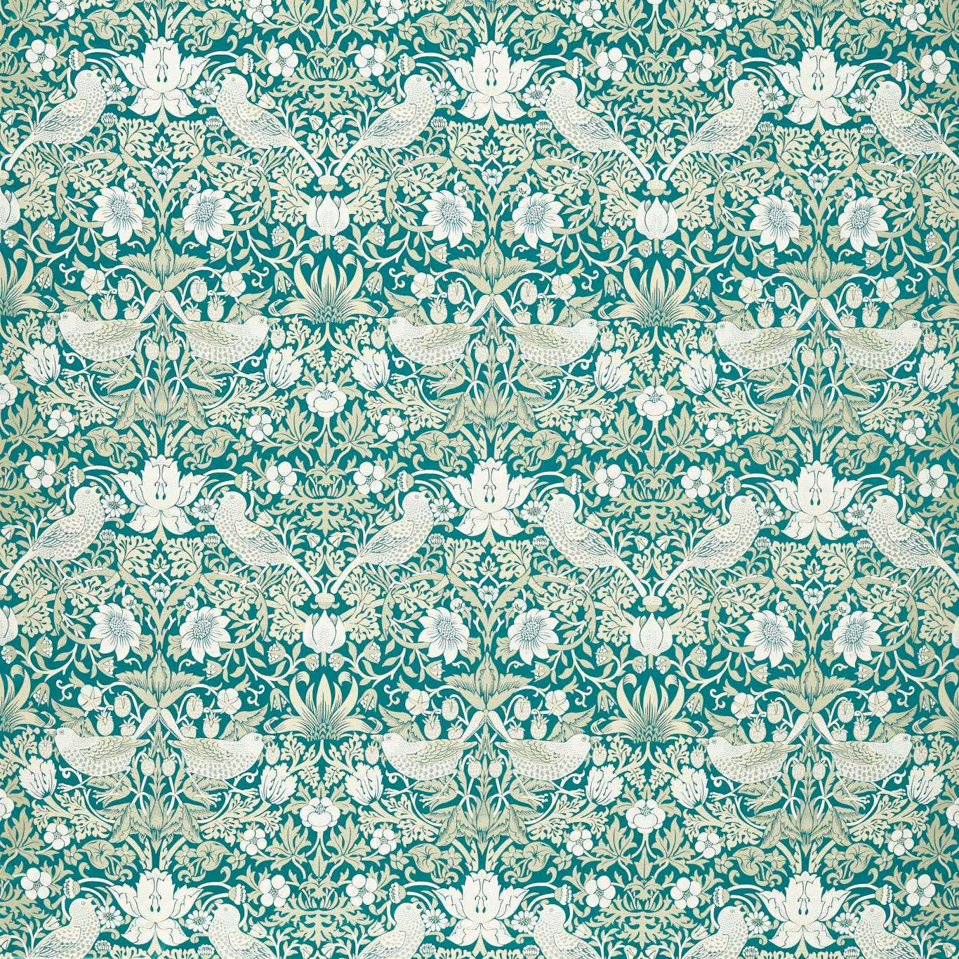 Teal jacquard with ivory birds, scrolling foliage and warm floral accents
