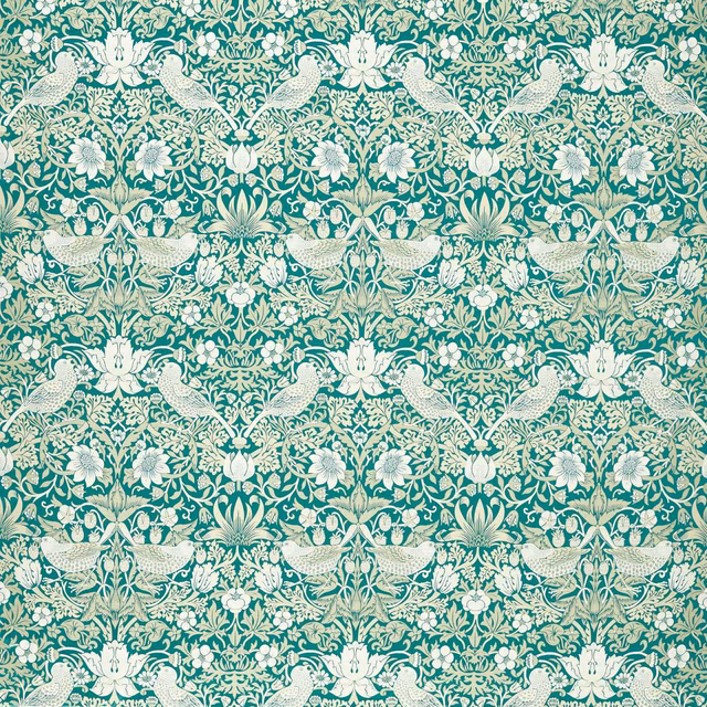 Teal jacquard with ivory birds, scrolling foliage and warm floral accents