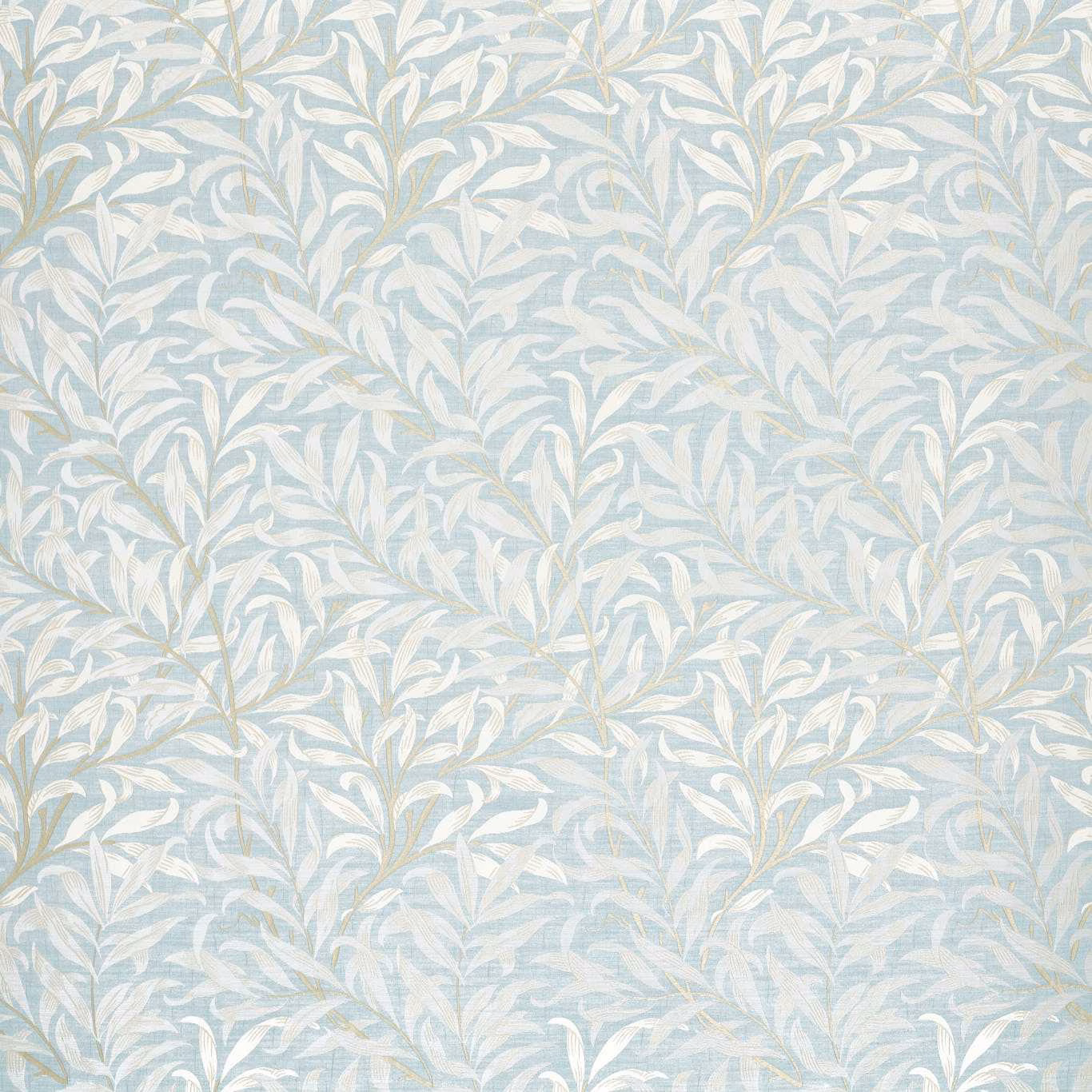 Pale denim-blue jacquard with ivory willow leaves and softly textured woven stems