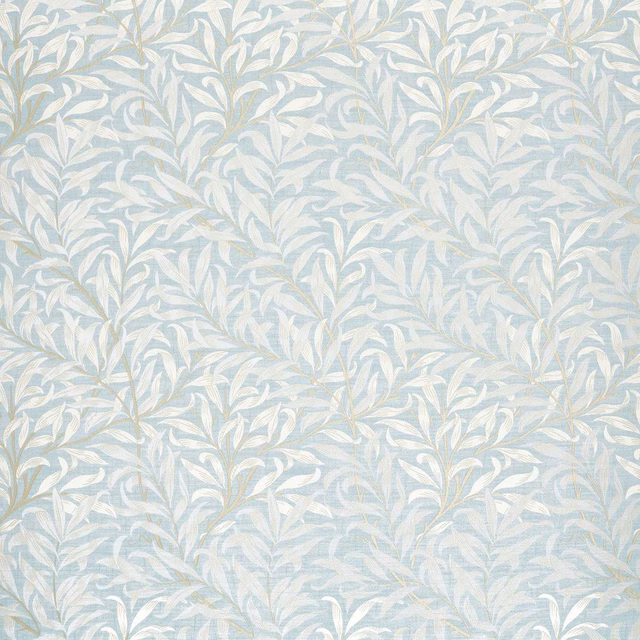 Pale denim-blue jacquard with ivory willow leaves and softly textured woven stems