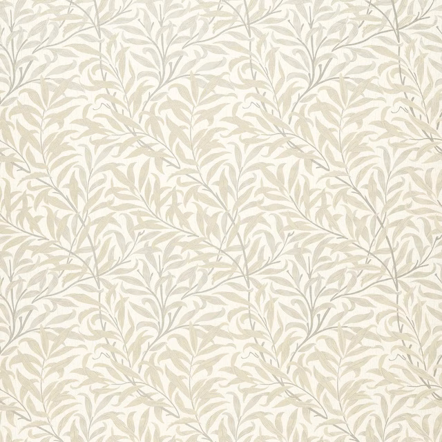 Ivory jacquard ground with densely layered muted grey willow branches and leaves