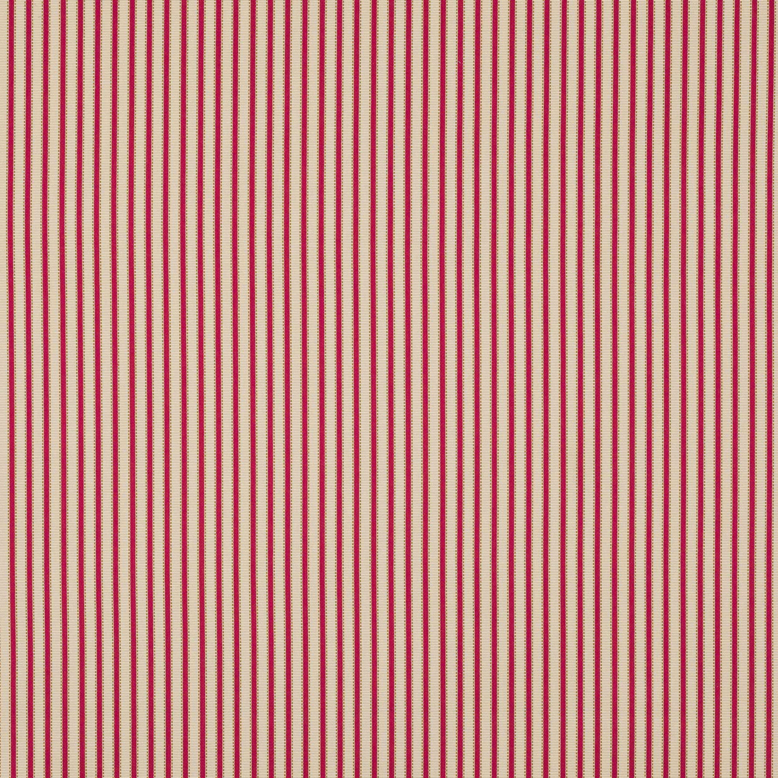 Cream fabric with fine vertical burgundy pinstripes and a tight woven texture