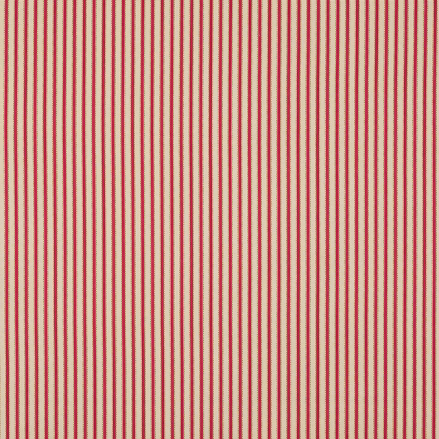 Cream fabric with fine vertical burgundy pinstripes and a tight woven texture
