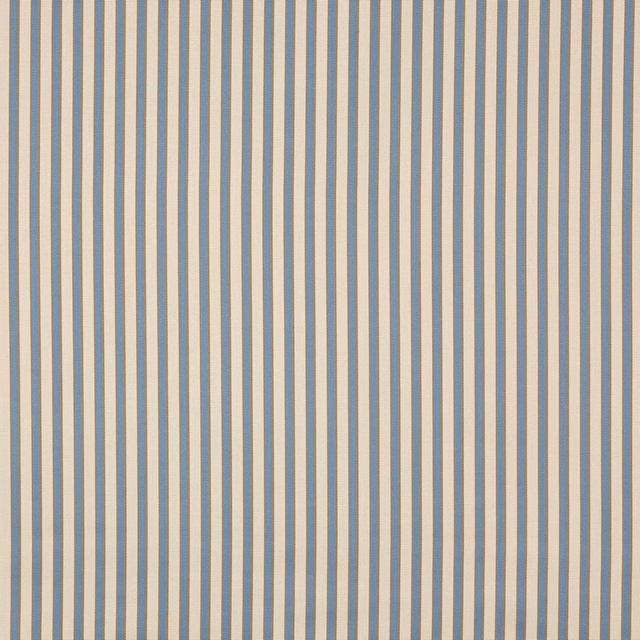 Pale cream fabric with fine vertical ciel blue stripes and a smooth woven finish