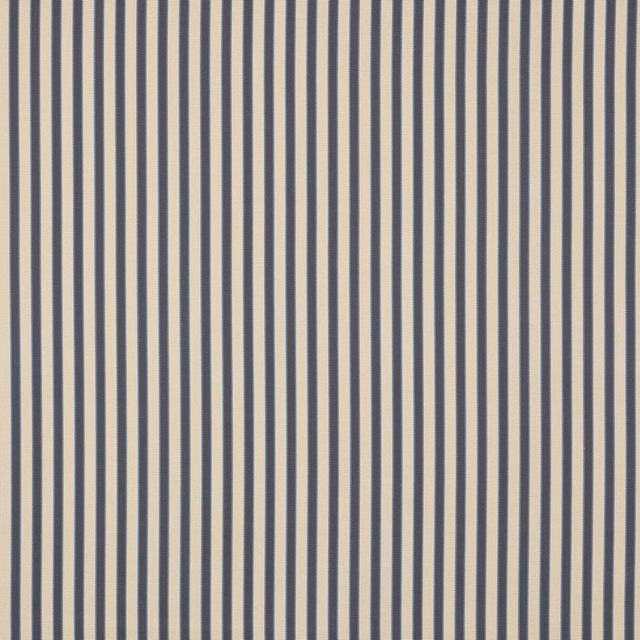 Vertical marine blue pinstripes on a cream woven fabric swatch