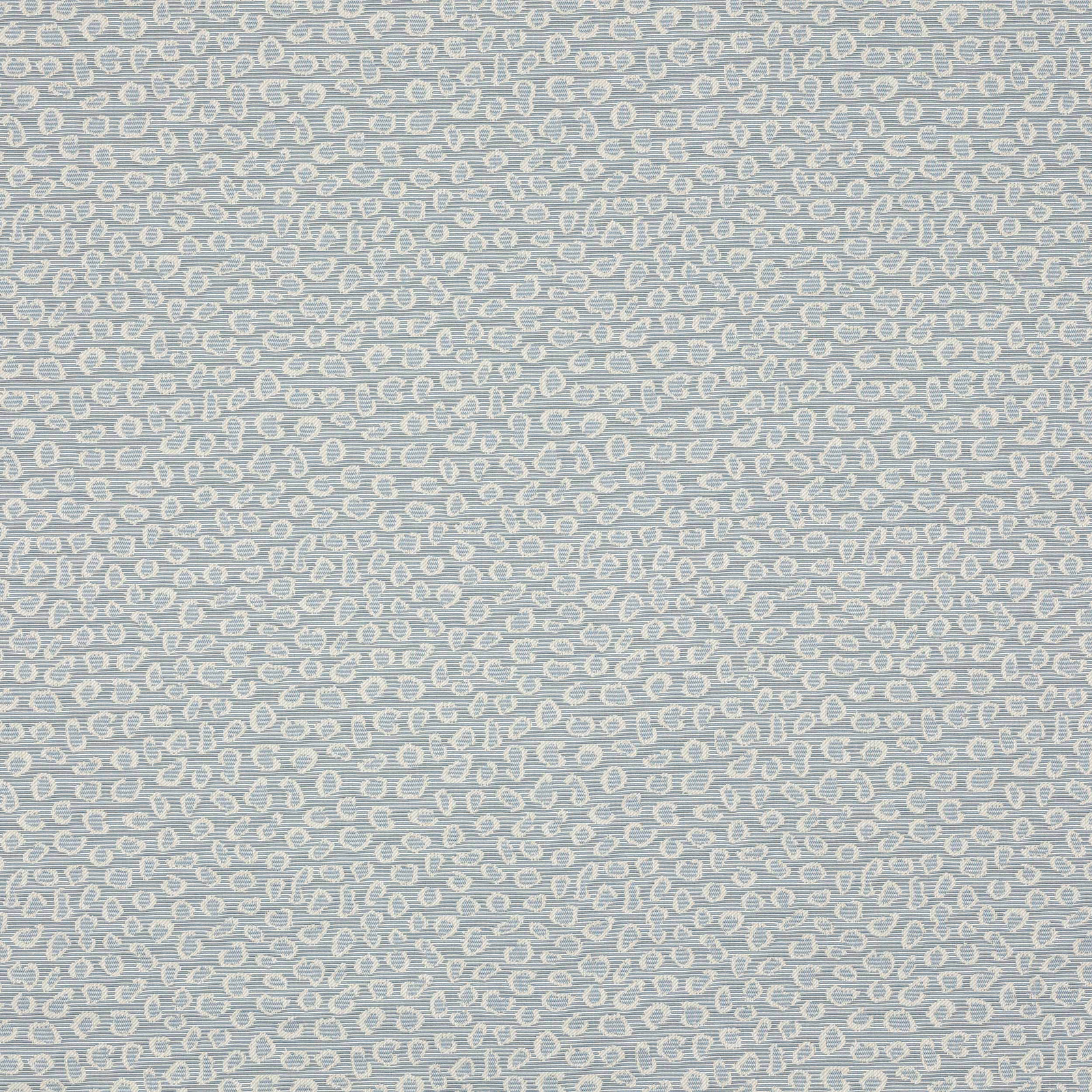Pale blue damask fabric swatch with small ivory scrolling motif