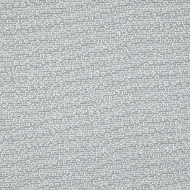 Pale blue damask fabric swatch with small ivory scrolling motif